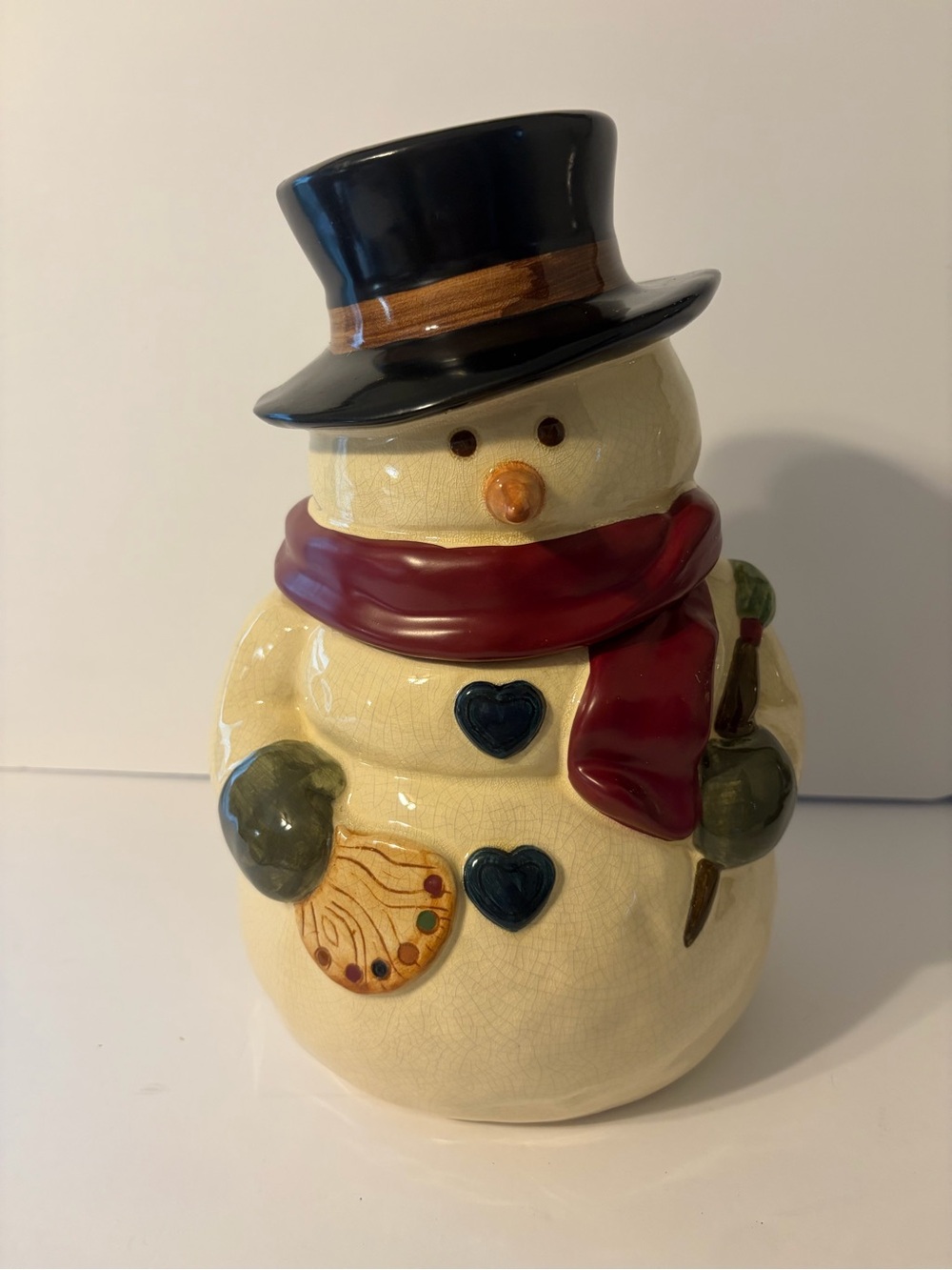 Vintage Russ Berrie ceramic artist snowman cookie jar cottagecore 90s